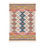 Mirzapur handwoven geometric flatweave kilim rug with coral, blue, and green diamond patterns and white fringe