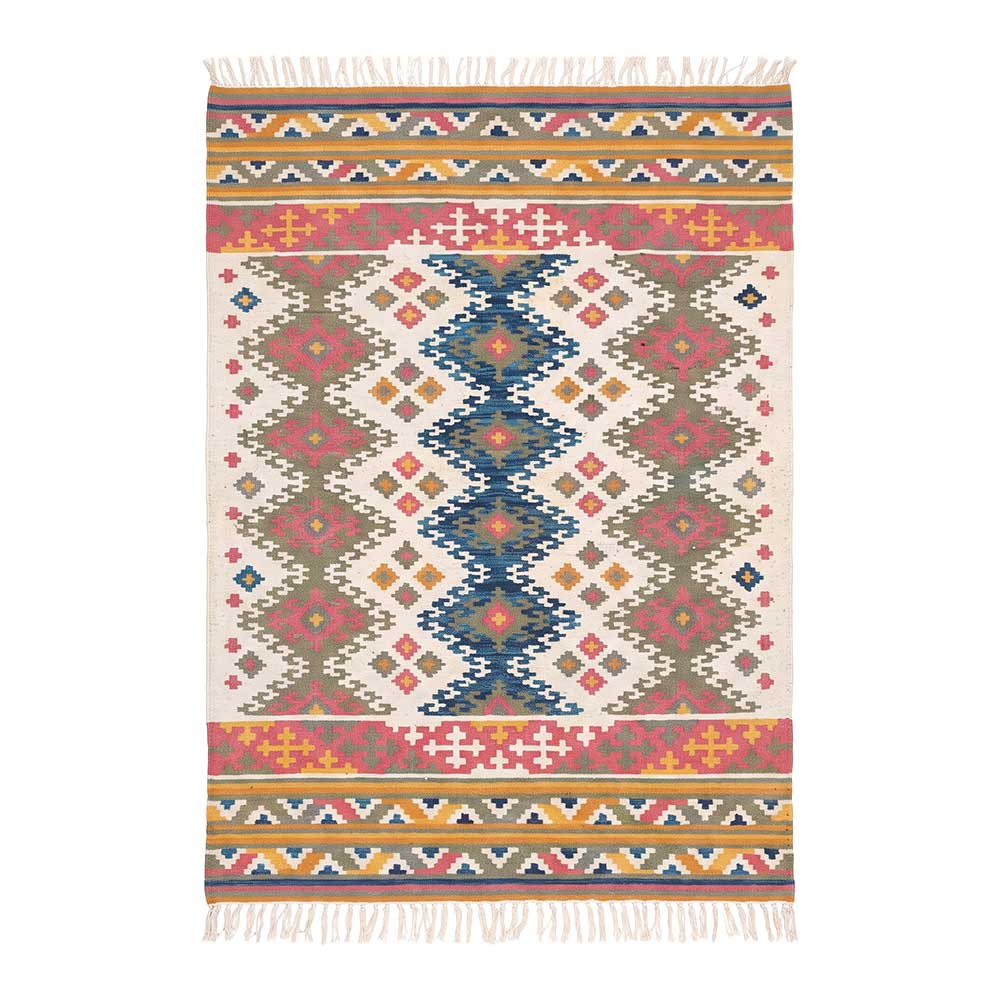 Mirzapur handwoven geometric flatweave kilim rug with coral, blue, and green diamond patterns and white fringe