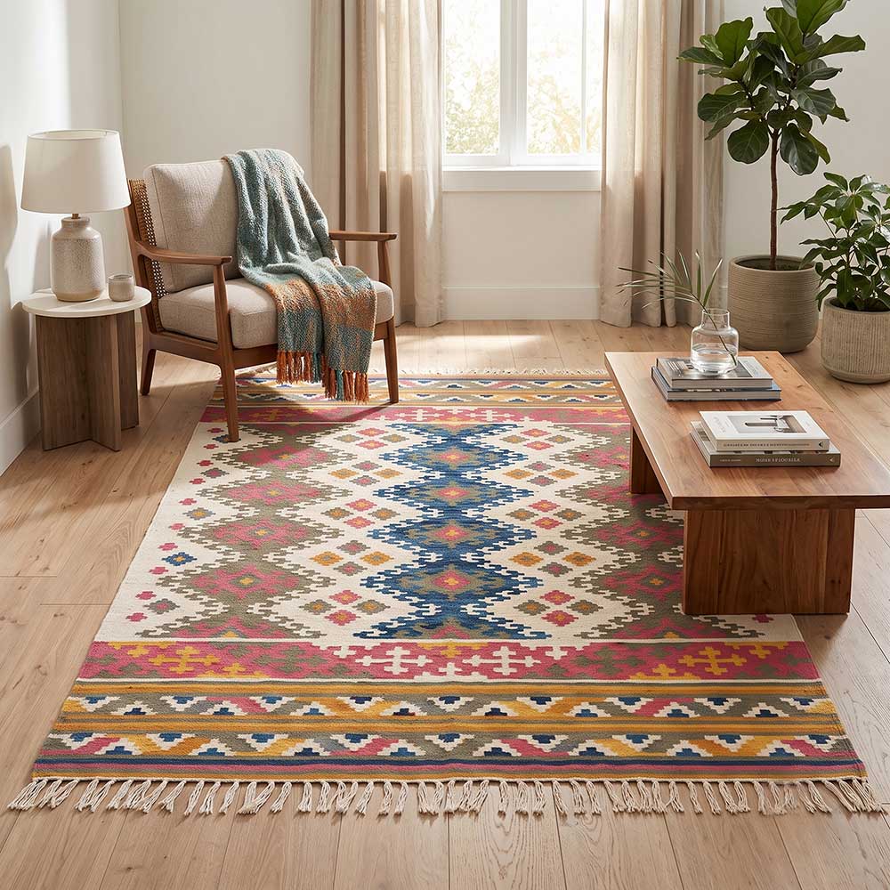 Angled perspective view of Mirzapur flatweave bohemian area rug styled in home interior