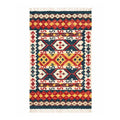 Front view of an artisanal Mirzapur Kilim area rug with geometric tribal patterns in red, yellow, and blue, featuring tasseled edges.