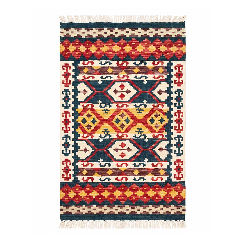 Front view of an artisanal Mirzapur Kilim area rug with geometric tribal patterns in red, yellow, and blue, featuring tasseled edges.