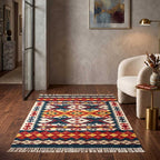 Stylized view of the Mirzapur Kilim rug in a living room setting.