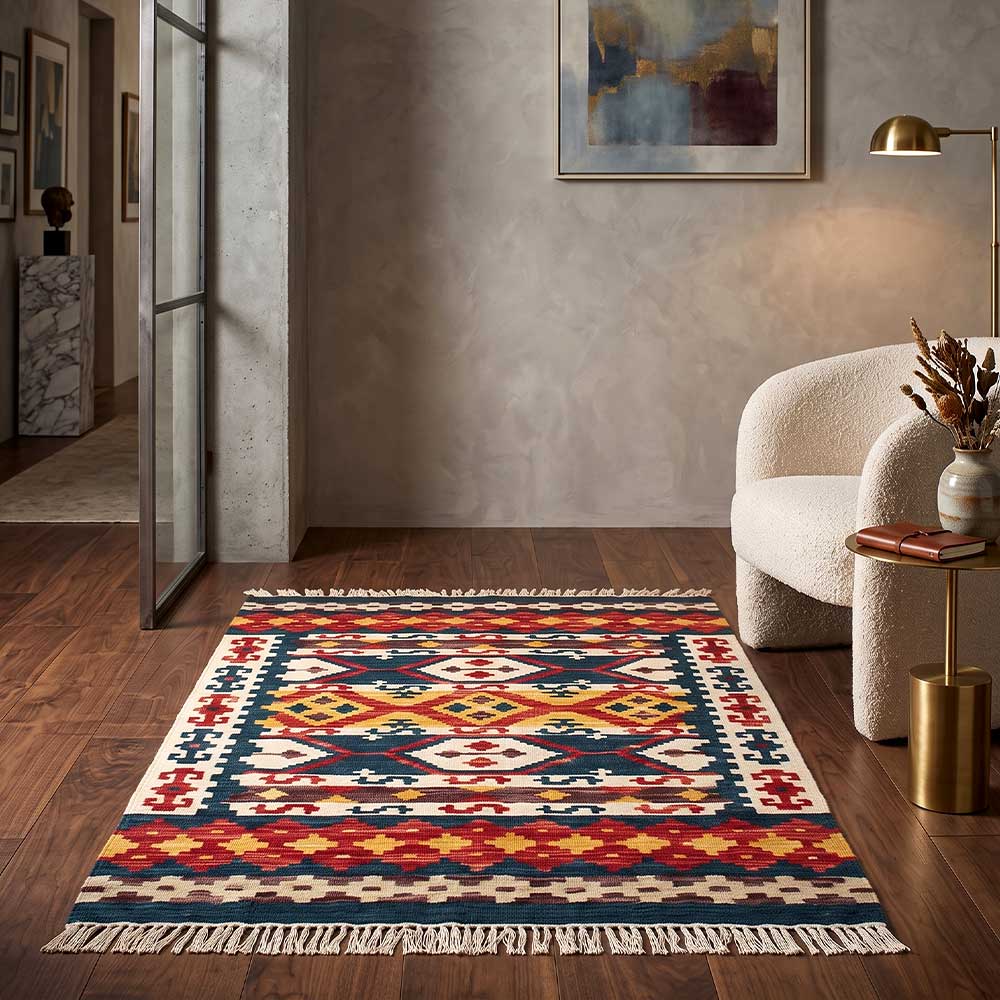 Stylized view of the Mirzapur Kilim rug in a living room setting.