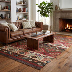 Stylized view of the Mirzapur Kilim rug placed in a rustic living room setting
