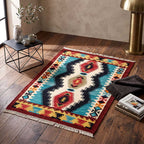 Side angle view of the artisan Mirzapur rug showing the flatweave construction and fringed edges