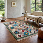 Perspective shot showing the decorative fringe and border of the Mirzapur wool rug.