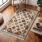 Detail of the decorative fringe edge of the handcrafted wool rug.