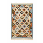 Full top-down view of a rectangular Mirzapur wool kilim rug featuring a colorful Southwestern-inspired geometric pattern with fringe.