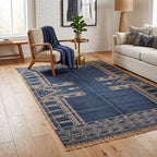 Close-up of the natural woven fringe border on the edge of the Mirzapur navy rug.