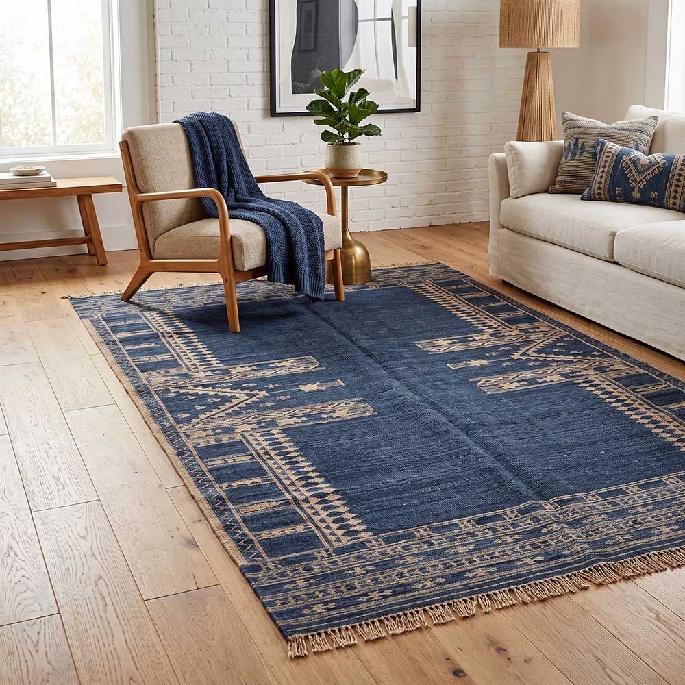 Close-up of the natural woven fringe border on the edge of the Mirzapur navy rug.