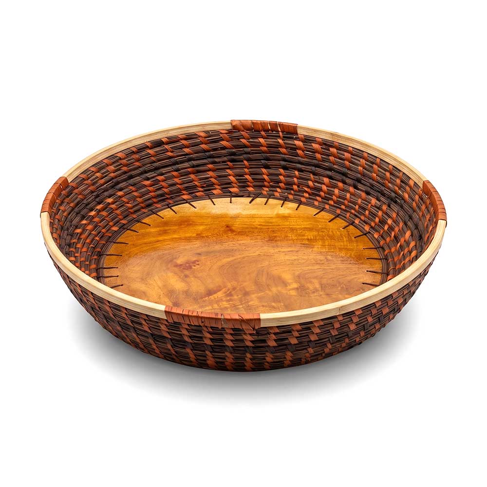 Kashi Grass Woven Round Basket with Natural Wood Base