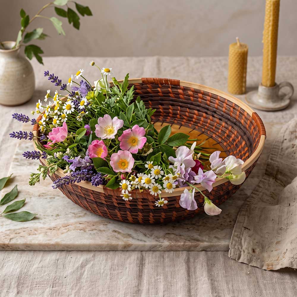 Kashi Grass Woven Round Basket with Natural Wood Base