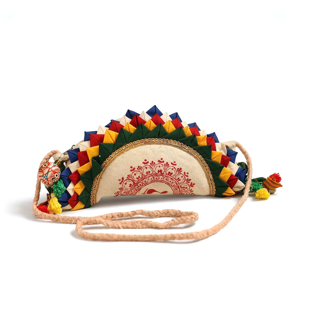Handcrafted Folded Fabric Half-Moon Sling Bag with Folk Art