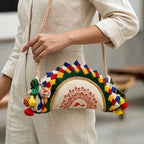 Handcrafted Folded Fabric Half-Moon Sling Bag with Folk Art