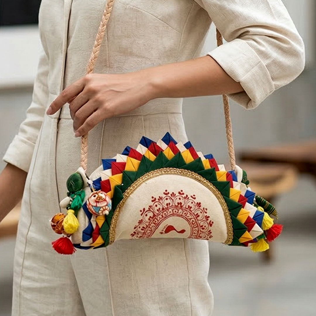 Handcrafted Folded Fabric Half-Moon Sling Bag with Folk Art