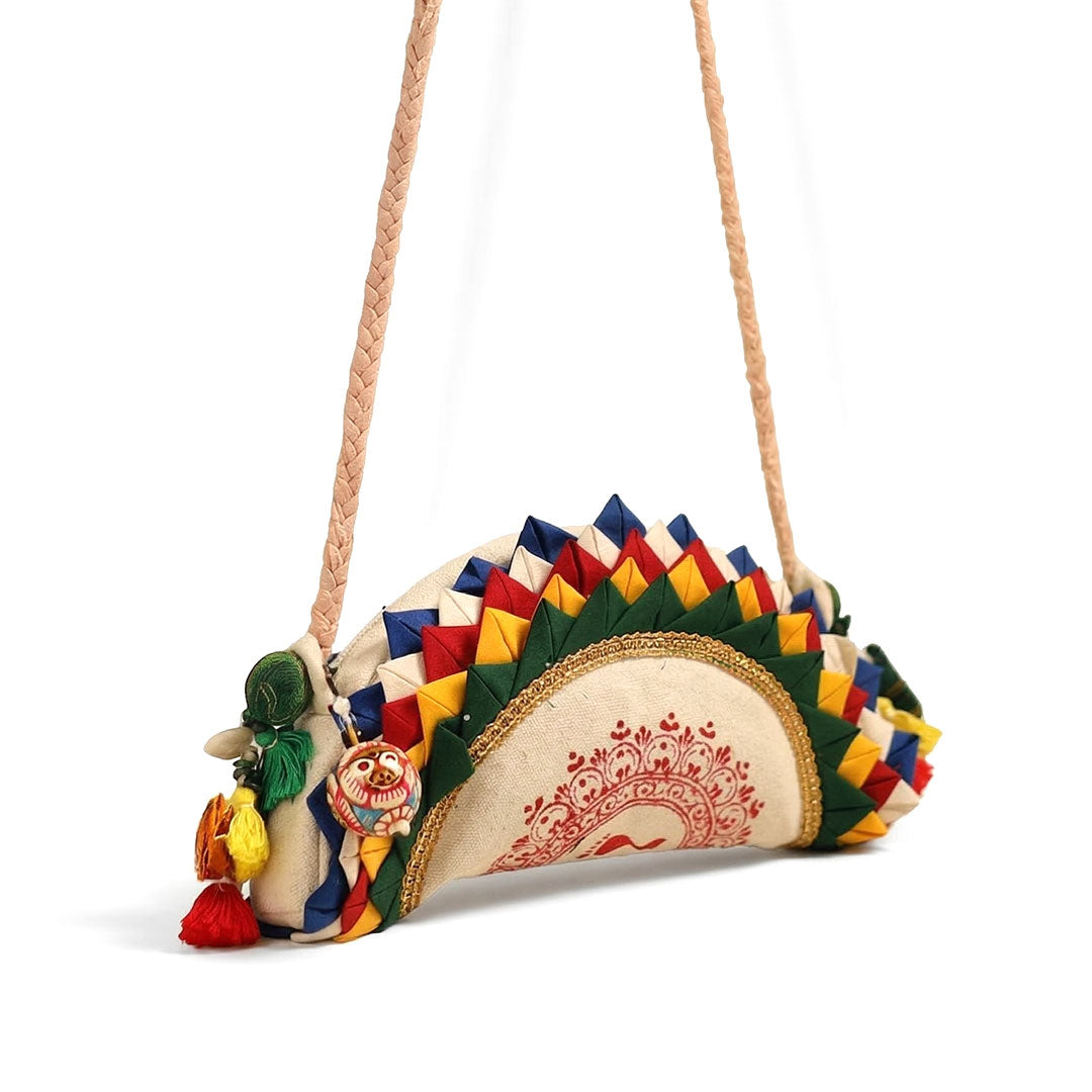Handcrafted Folded Fabric Half-Moon Sling Bag with Folk Art