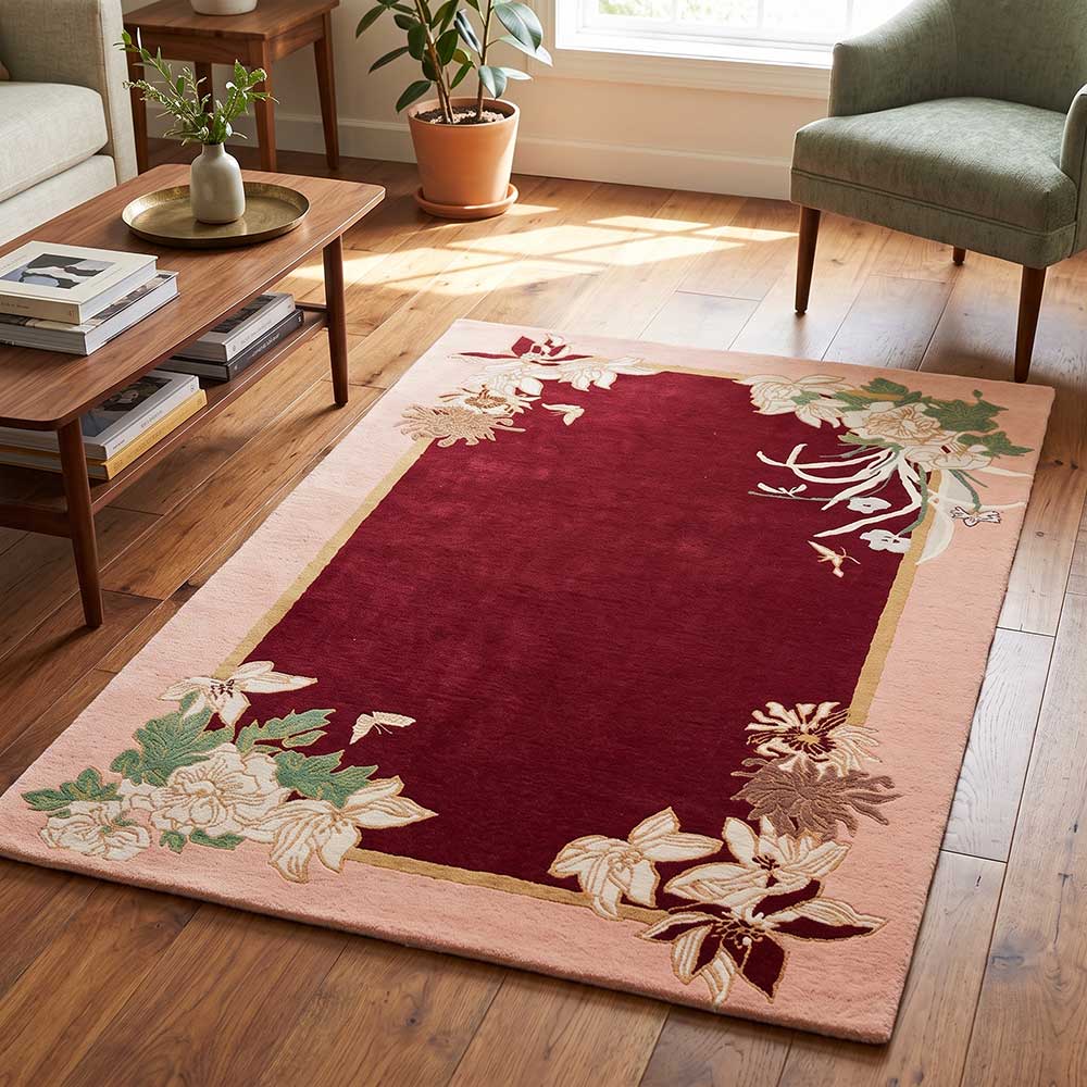 Perspective view showing texture and color of the Bhadohi wool rug