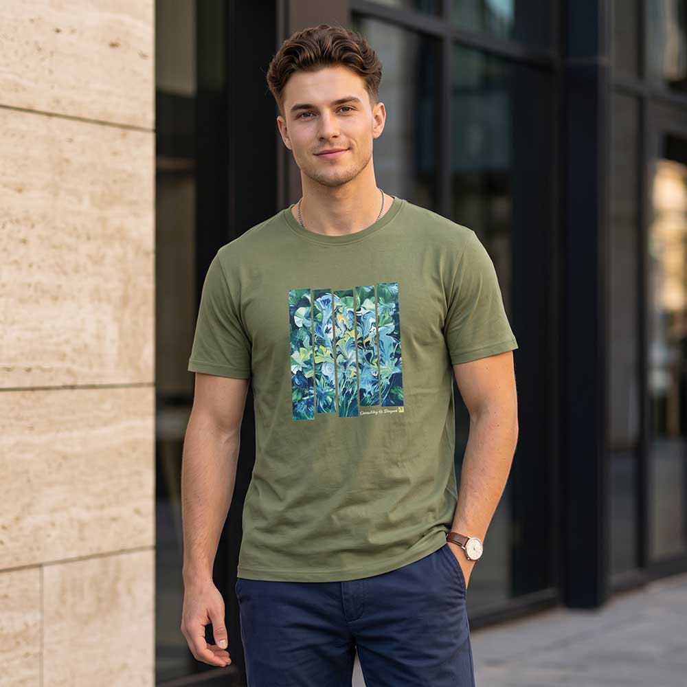 Close up detail of the hand-painted abstract artwork on the olive green cotton t-shirt.