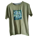 Front view of an olive green men's pure cotton t-shirt with a unique hand-painted abstract art graphic.