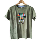 Front view of an olive green pure cotton t-shirt with a hand-painted vibrant elephant graphic.
