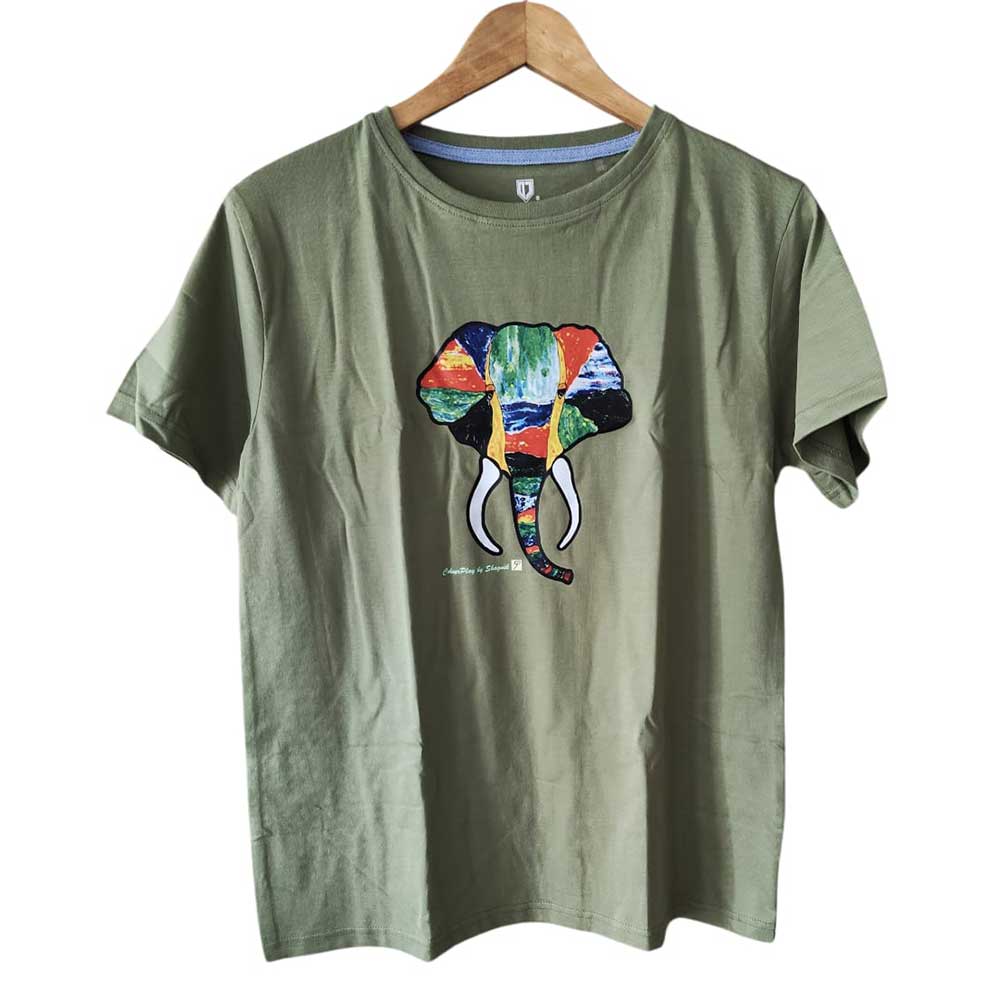 Front view of an olive green pure cotton t-shirt with a hand-painted vibrant elephant graphic.