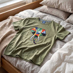 Side view of the olive green pure cotton t-shirt displaying texture and fit.