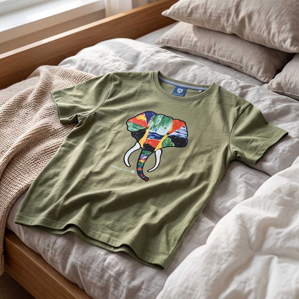 Side view of the olive green pure cotton t-shirt displaying texture and fit.