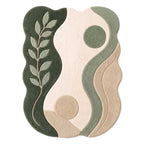 Front view of an organic wave-shaped area rug featuring a green botanical leaf design and sage earth tones, made from New Zealand wool.