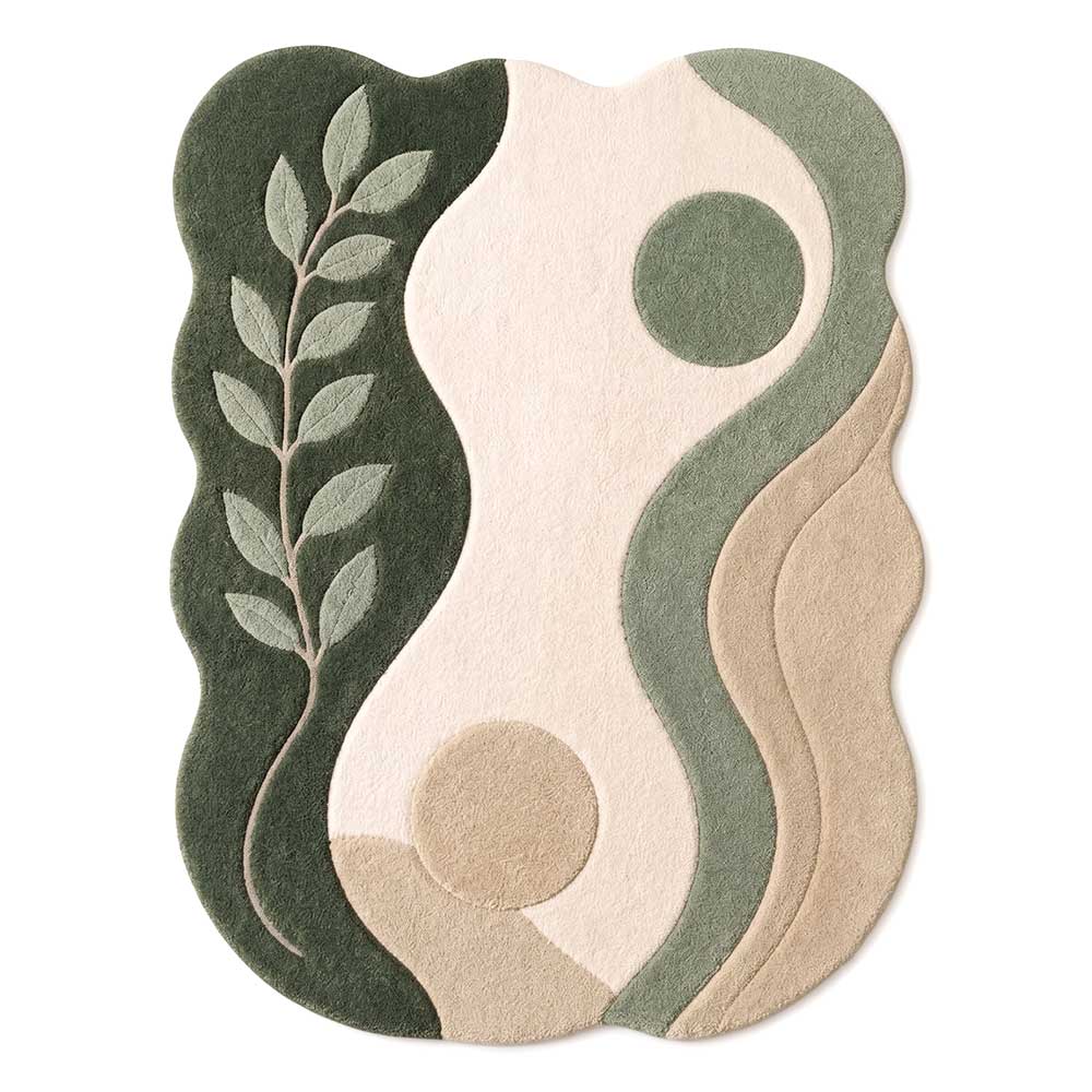 Front view of an organic wave-shaped area rug featuring a green botanical leaf design and sage earth tones, made from New Zealand wool.