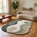 Angled view showing the unique organic silhouette and edge craftsmanship of the botanical green rug.