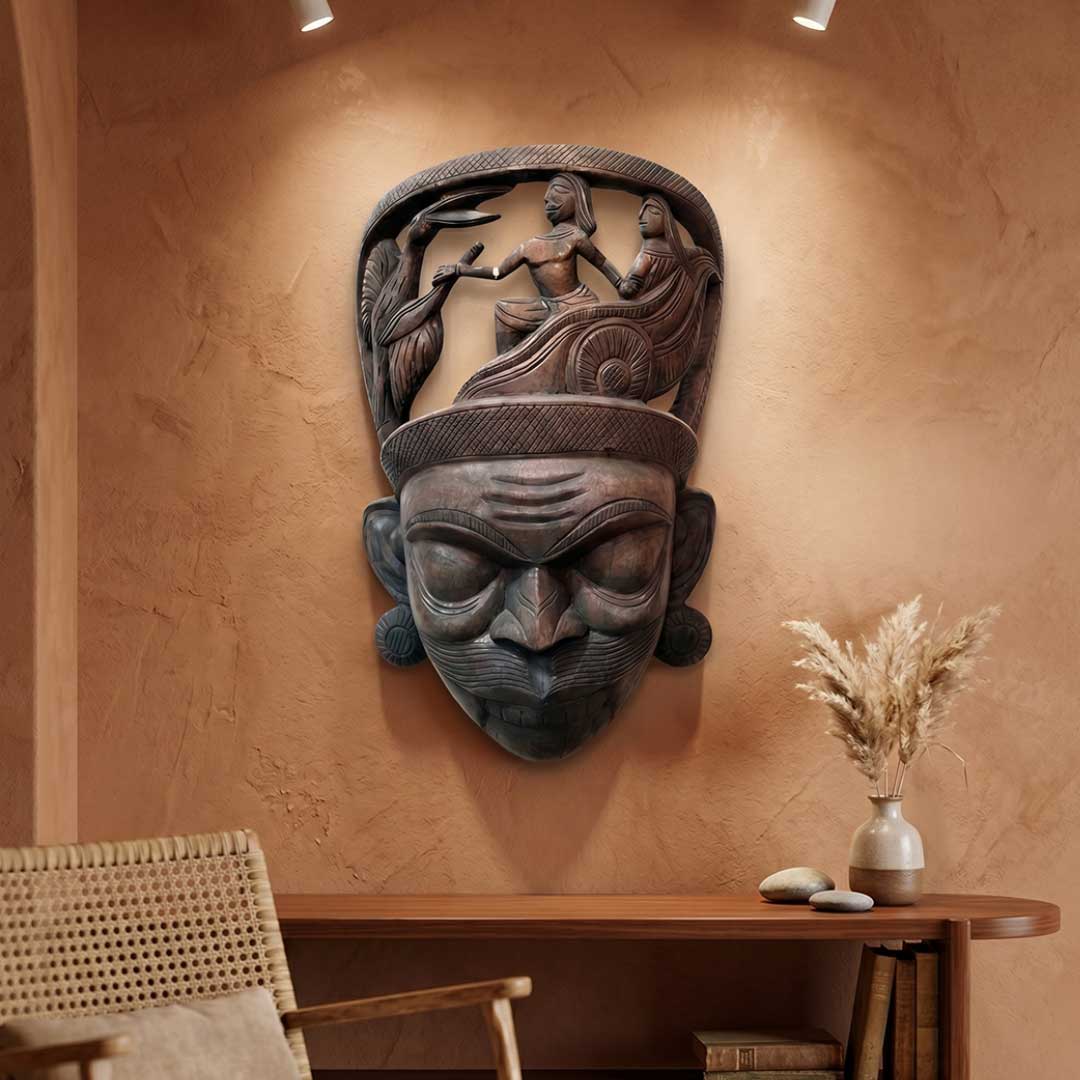 Hand-Carved Gamari Wood Mask with Bird and Human Narrative