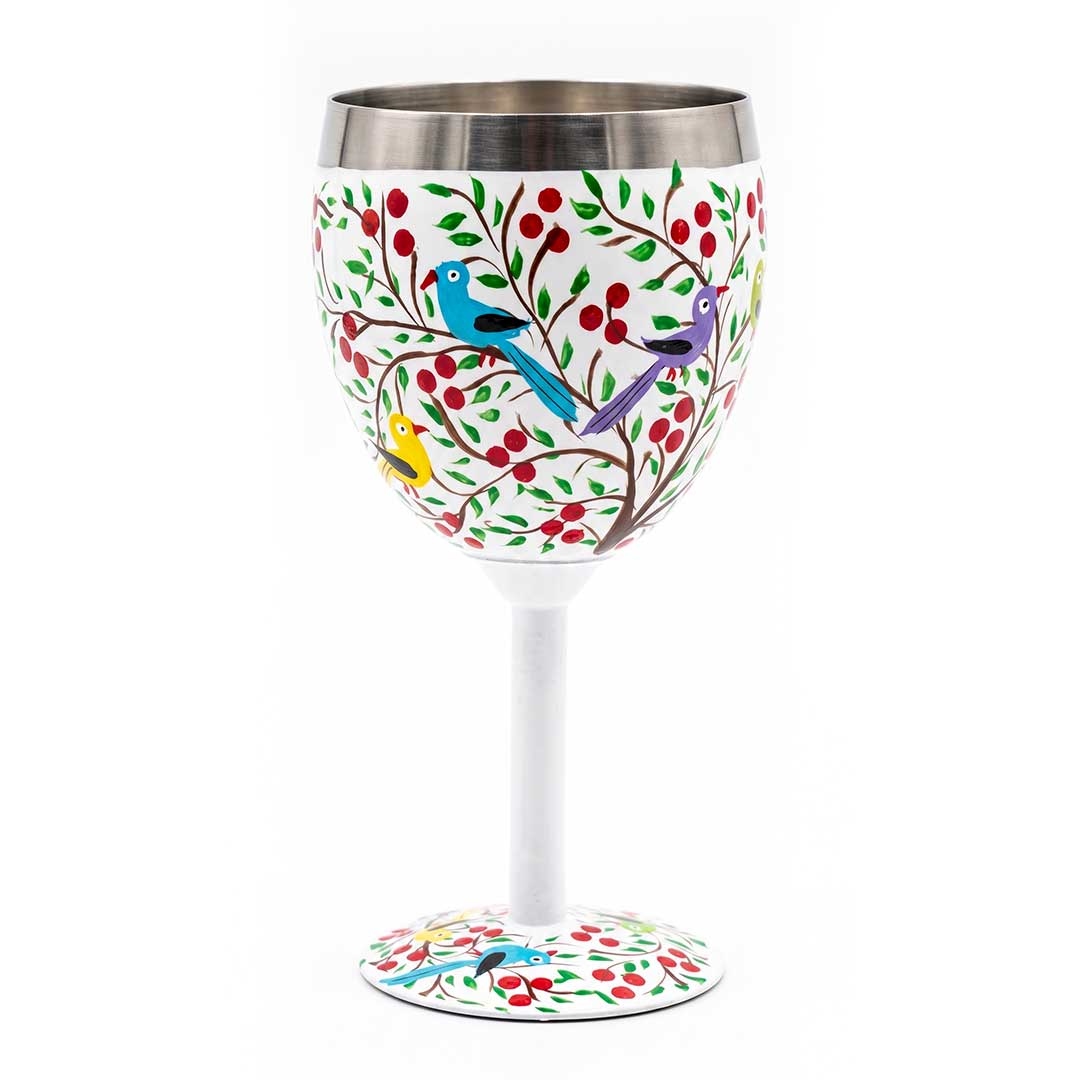 Songbird and Berry Hand-Painted Stainless Steel Wine Glass
