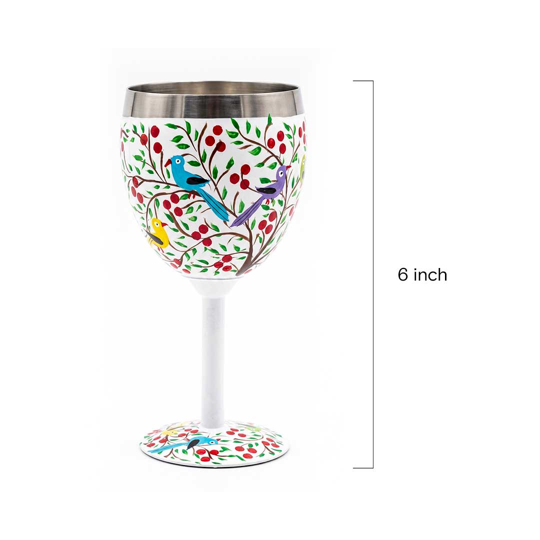 Songbird and Berry Hand-Painted Stainless Steel Wine Glass