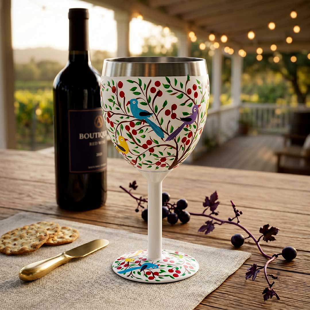 Songbird and Berry Hand-Painted Stainless Steel Wine Glass