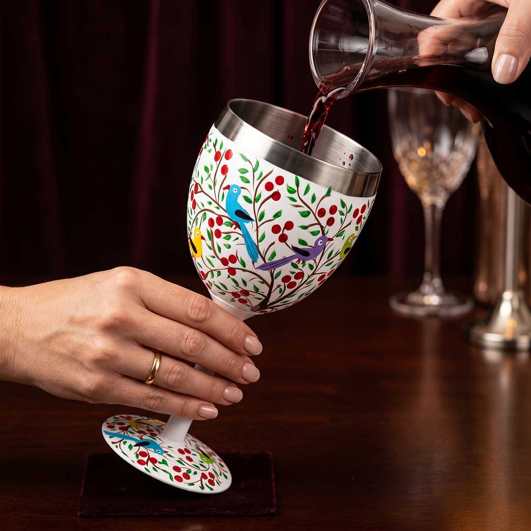 Songbird and Berry Hand-Painted Stainless Steel Wine Glass