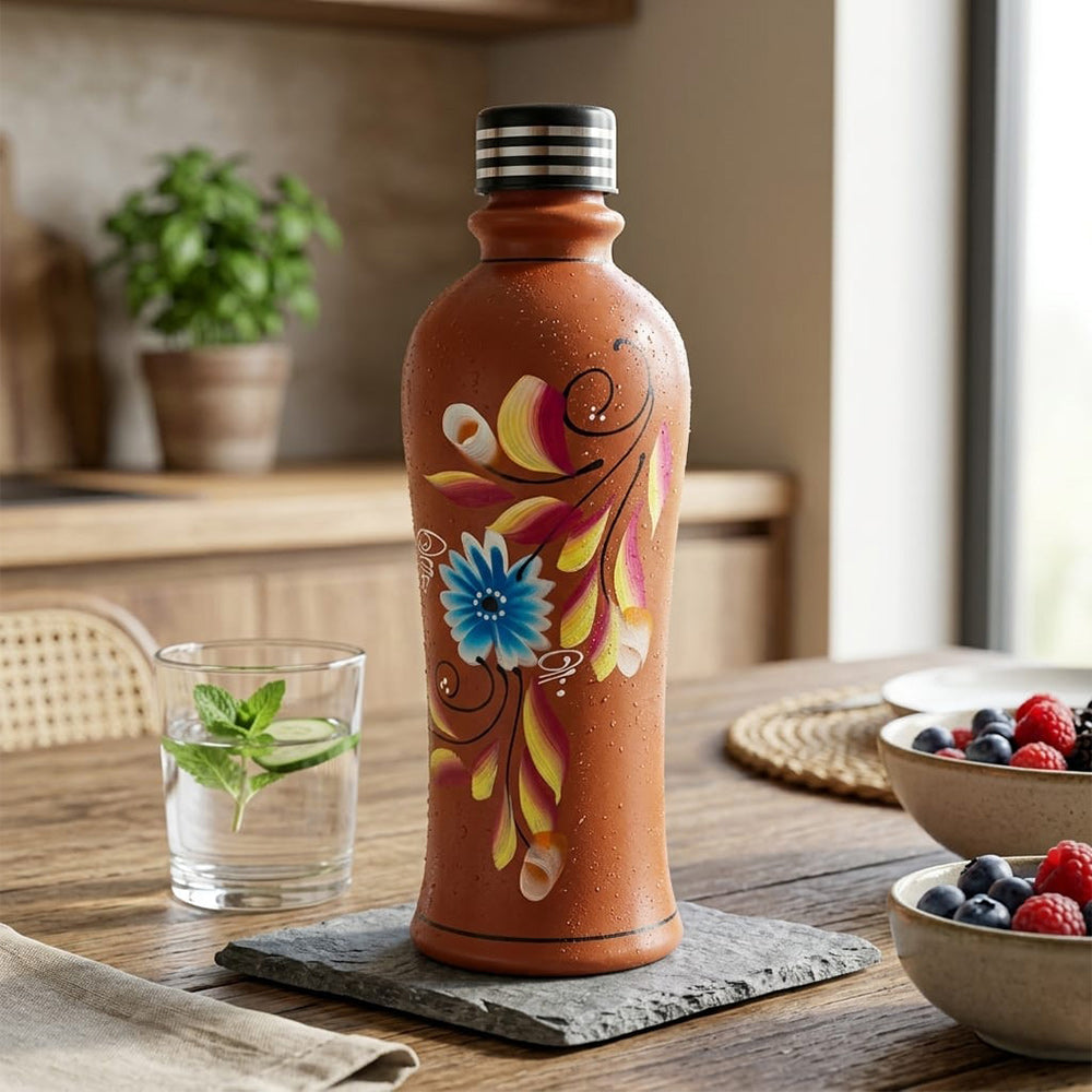 Pokhran Hand-Painted Terracotta Water Bottle with Floral Art
