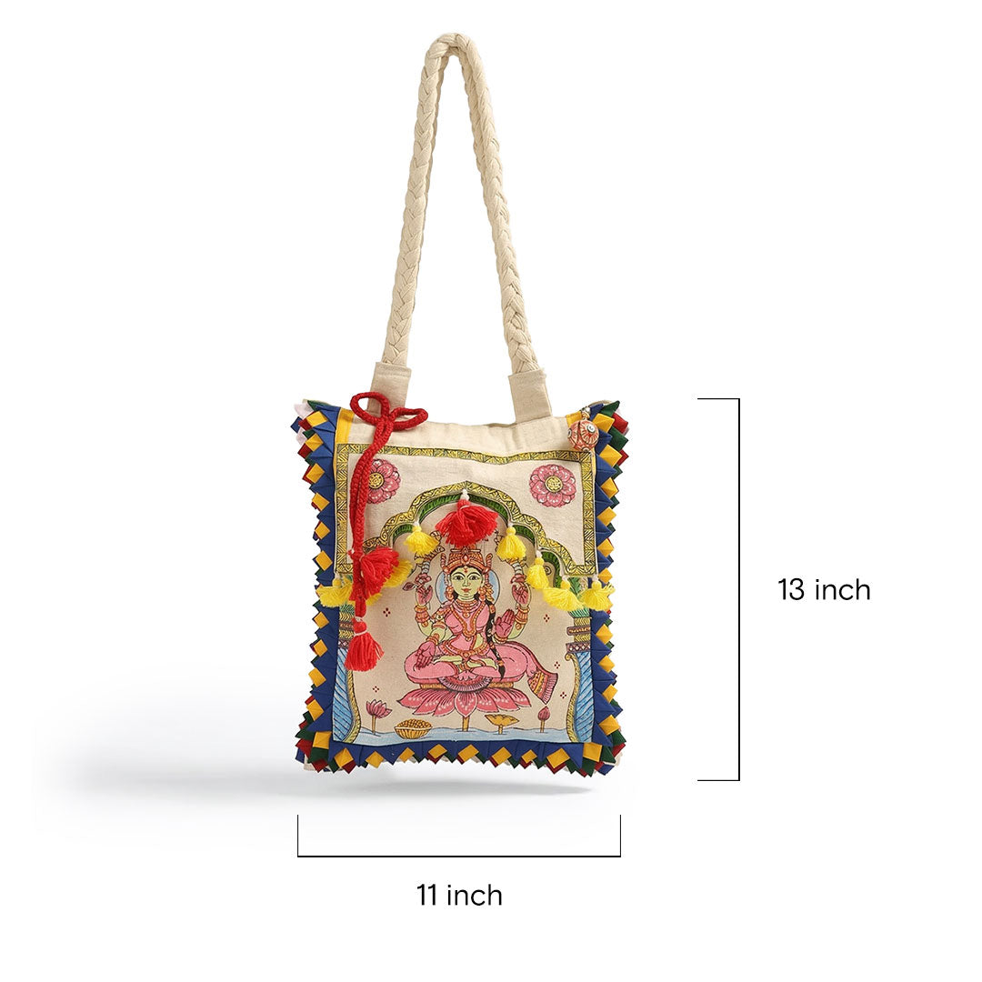 Decorative bag with artistic design and measurements on a white background