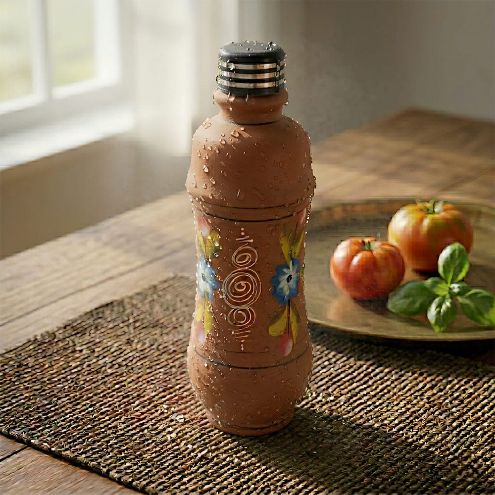 Pokhran Hand-Carved Terracotta Water Bottle with Painted Accents
