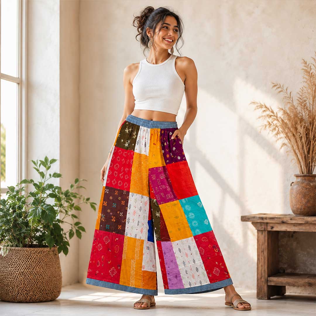 Bohemian Patchwork Cotton Wide-Leg Palazzo Pants