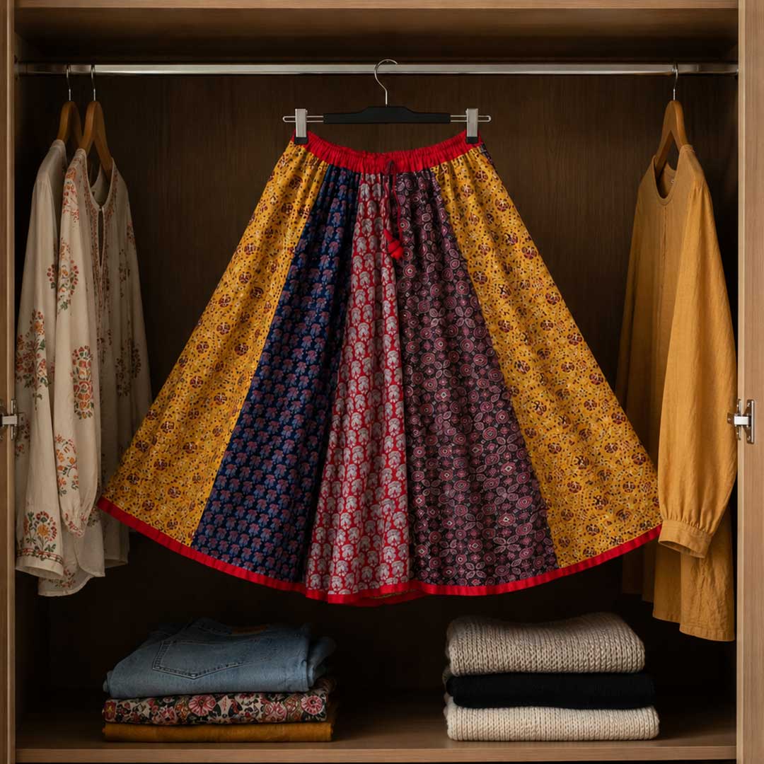 Handmade Patchwork Cotton Maxi Skirt with Ethnic Prints