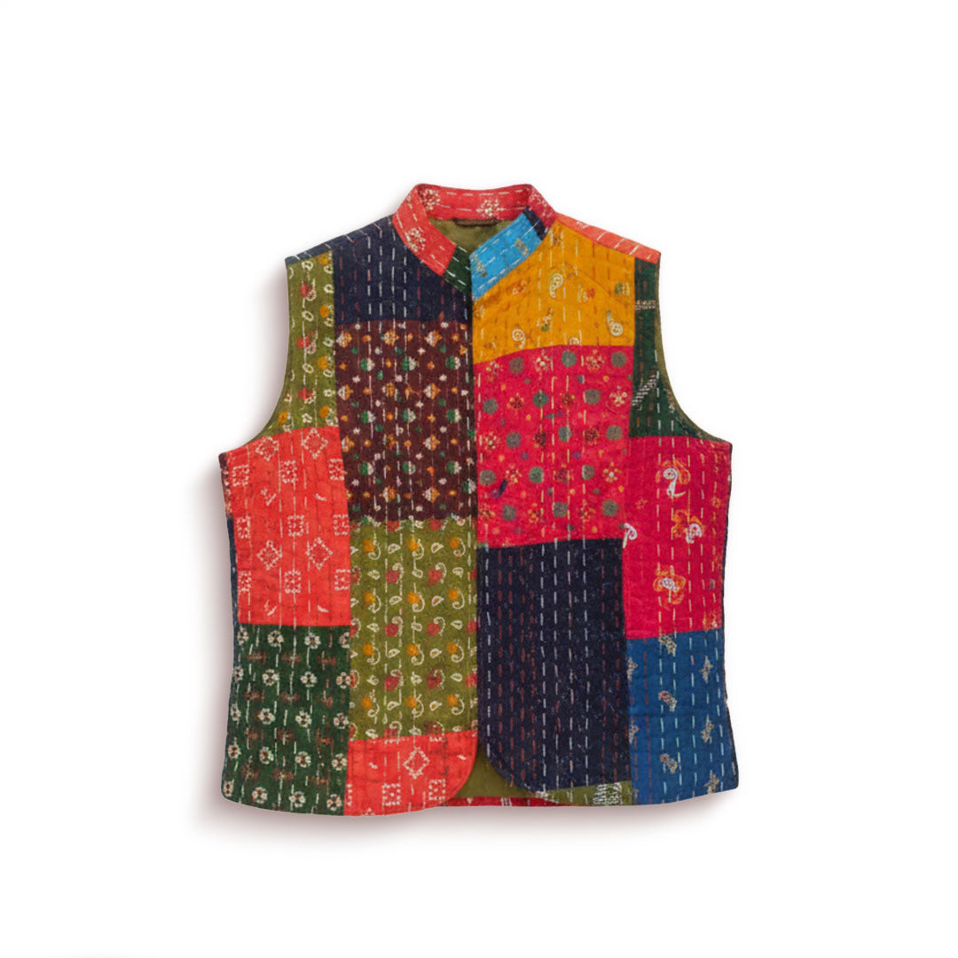 Handmade Patchwork Kantha Quilted Vest - Multi-Color