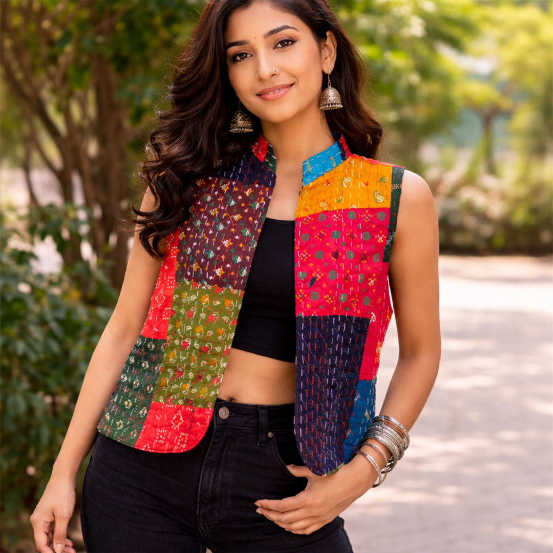 Handmade Patchwork Kantha Quilted Vest - Multi-Color