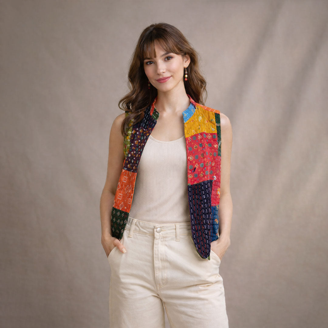 Handmade Patchwork Kantha Quilted Vest - Multi-Color