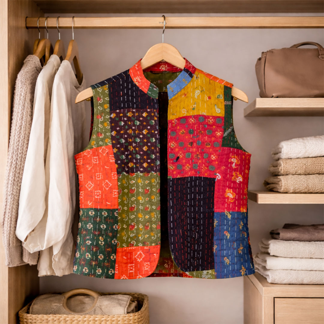 Handmade Patchwork Kantha Quilted Vest - Multi-Color