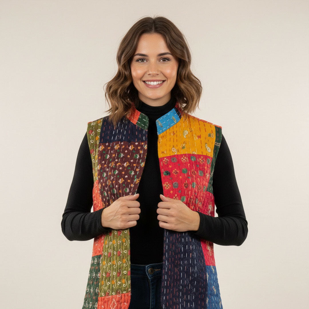 Handmade Patchwork Kantha Quilted Vest - Multi-Color