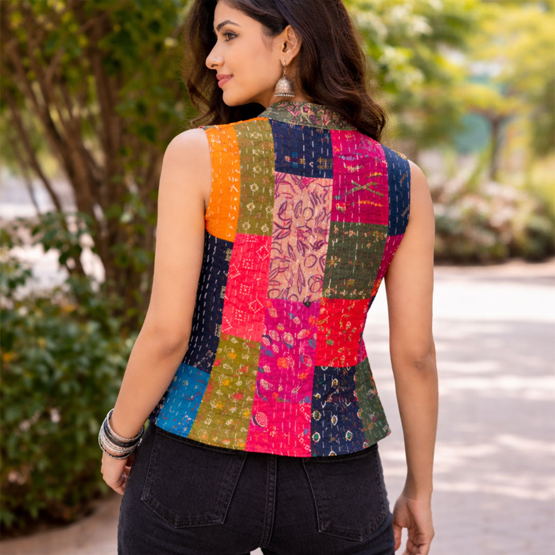 Handmade Patchwork Kantha Quilted Vest - Multi-Color