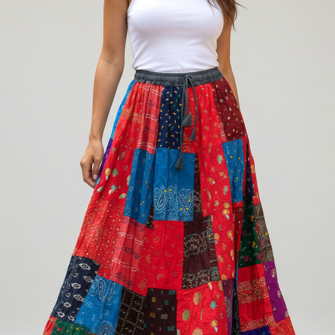 Boho Patchwork Maxi Skirt - Colorful Hippie Long Skirt