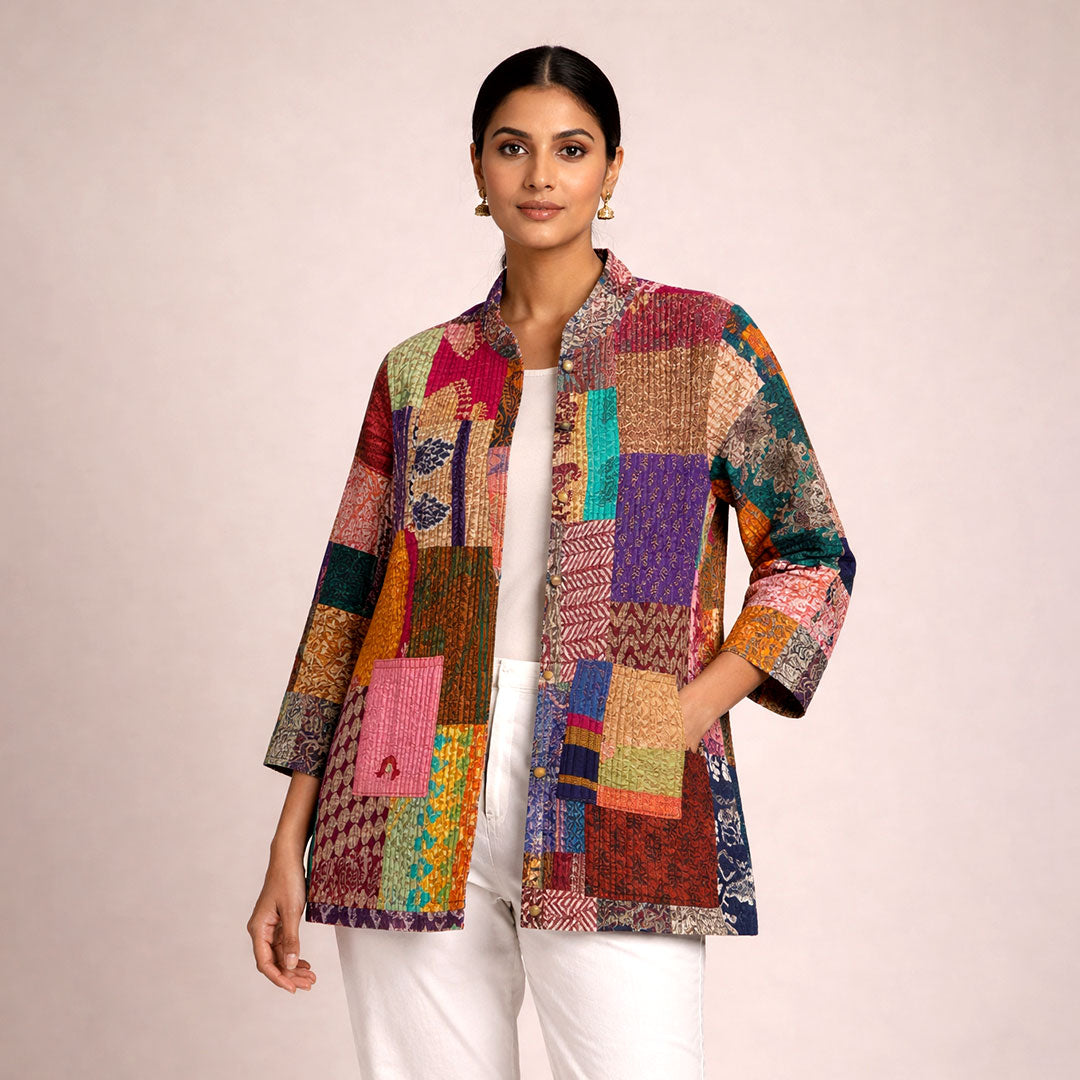 Women's Bohemian Patchwork Quilted Stand Collar Jacket