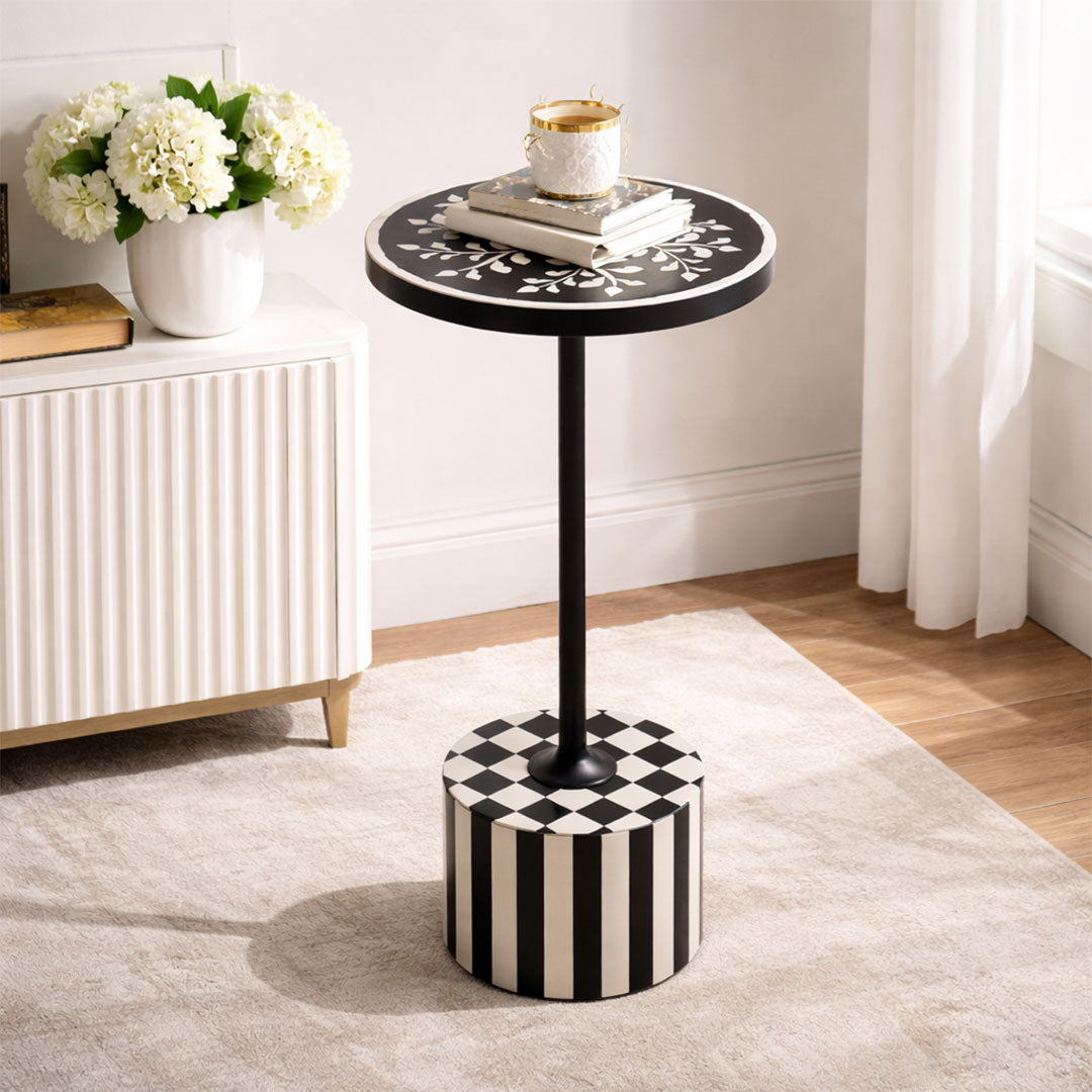 Artisan Monochrome Inlay Pedestal Table with Floral Top