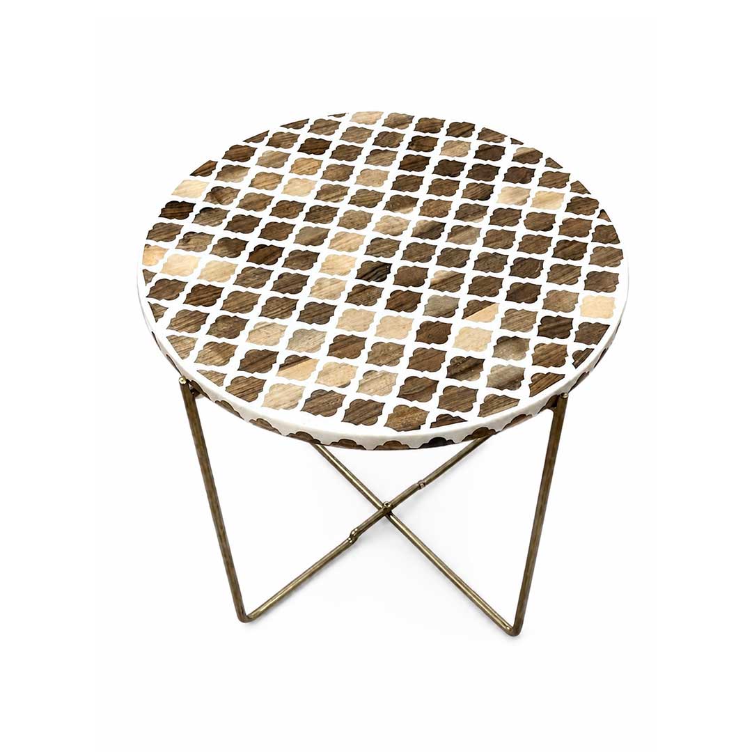 Handcrafted Quatrefoil Inlay Side Table with Gold Cross Base